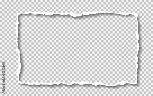 Torn white paper frame with soft shadow is on squared background. Vector illustration