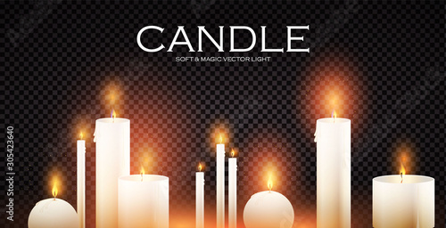 Realistic 3D burining wax & paraffin candles. Candle flame on transparent background.