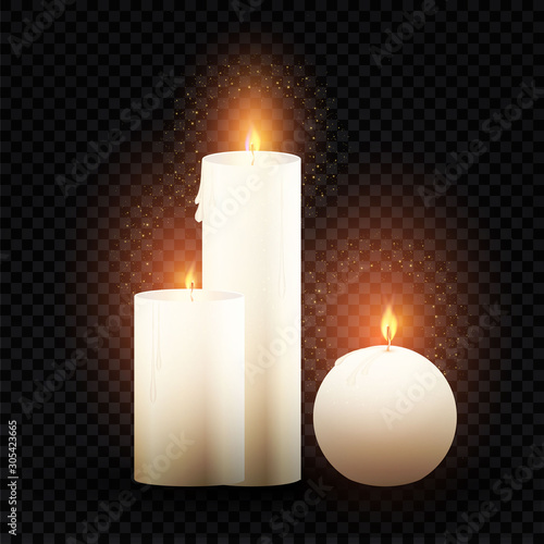 Realistic 3D burining wax & paraffin candles. Candle flame on transparent background.