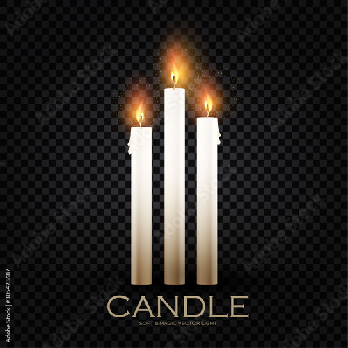 Realistic 3D burining wax & paraffin candles. Candle flame on transparent background.