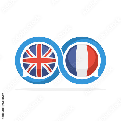 Illustrated icons with English and French communication concepts