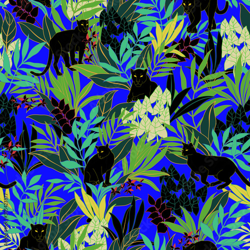 vector seamless graphical bold tropical pattern with black puma cat. Wild animals  in lush foliage with orchid flowers.