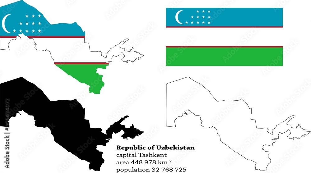 Uzbekistan vector map, flag, borders, mask , capital, area and population infographic