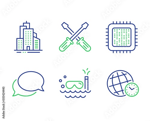 Cpu processor, Messenger and Skyscraper buildings line icons set. Scuba diving, Screwdriverl and Time zone signs. Computer component, Speech bubble, Town architecture. Trip swimming. Vector