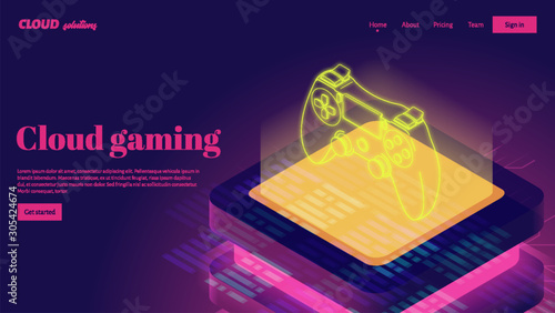 Isometric neon gamepad and cloud server. Game streamong landing page design template.