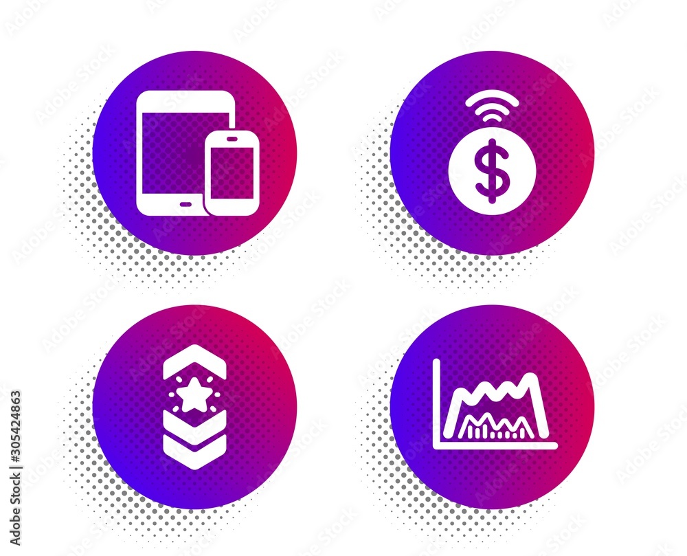 Contactless payment, Mobile devices and Shoulder strap icons simple set. Halftone dots button. Trade chart sign. Financial payment, Smartphone with tablet, Star rank. Market data. Vector Contactless payment, Mobile devices and Shoulder strap icons simple set. Halftone dots button. Trade chart sign. Financial payment, Smartphone with tablet, Star rank. Market data. Vector
