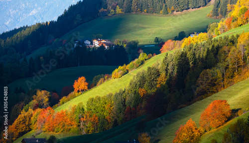 Hills. Light and shadow. Autumn morning mountain village environs with grassy hills, small groves in first sun light, deep shadows on slopes. Picturesque seasonal and countryside beauty concept scene.