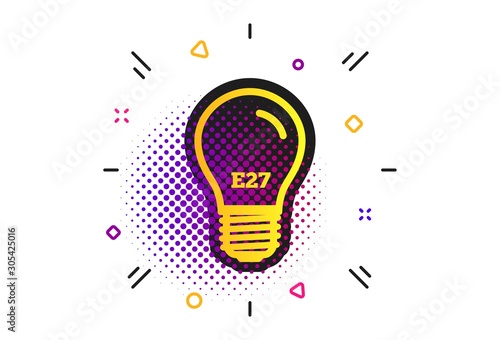 Light bulb icon. Halftone dots pattern. Lamp E27 screw socket symbol. Led light sign. Classic flat e27 lamp icon. Vector