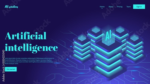 Artificial intelligence landing page header concept with computer server and neural network.