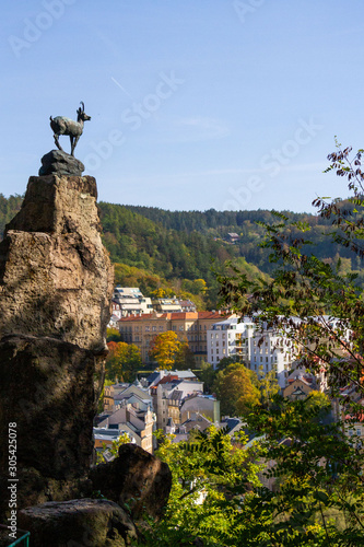 city views Karlovy Vary autumn. Czech Republic. Carlsbad. tree leaves in the foreground. Roofs of church roof tiles. View from above. Goat jump