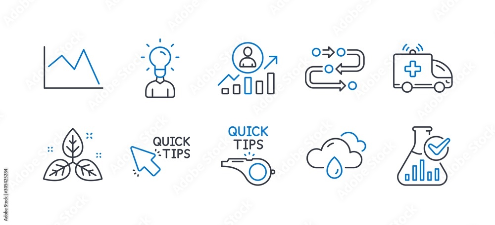 Set of Science icons, such as Quick tips, Line chart, Fair trade, Rainy weather, Tutorials, Career ladder, Ambulance car, Methodology, Education, Chemistry lab line icons. Line quick tips icon. Vector
