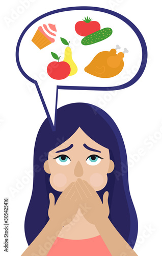 A young woman feels nauseous when she thinks about food. Pregnancy, morning sickness, eclampsia, poisoning, gastritis. Flat vector illustration