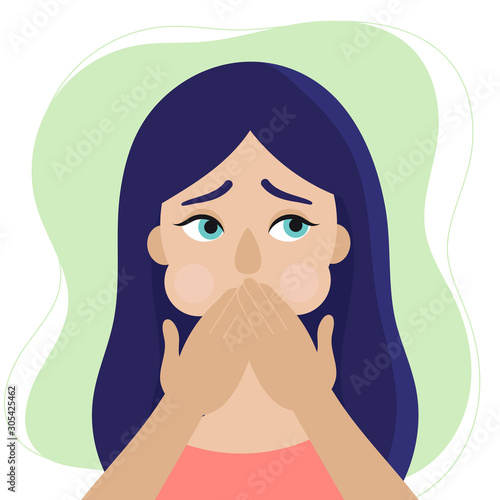 The young woman feels nauseous. Pregnancy, morning sickness, eclampsia, poisoning, gastritis. Flat vector illustration