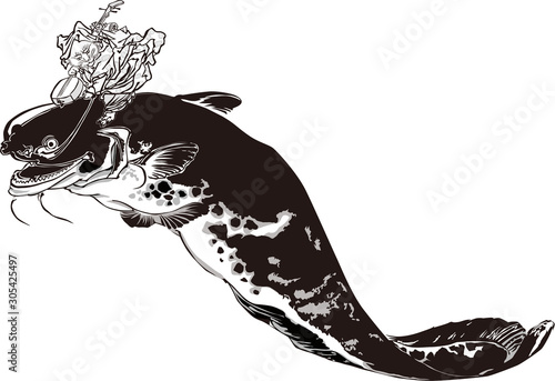 浮世絵　猫となまず　その1　白黒