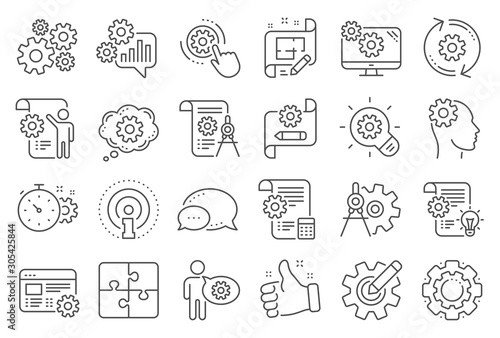 Engineering line icons. Set of Idea bulb, Dividers tools and Blueprint linear icons. Cogwheel, calculate price, mechanical tools. Idea bulb with cog, architect dividers, engineering people. Vector