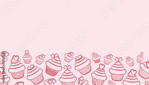  Cupcakes with cream and hearts. Festive background for Valentine's Day. Cupcake outline  with hearts on a pink background. Horizontal format. there is a place for text. Design element. Vector illustr