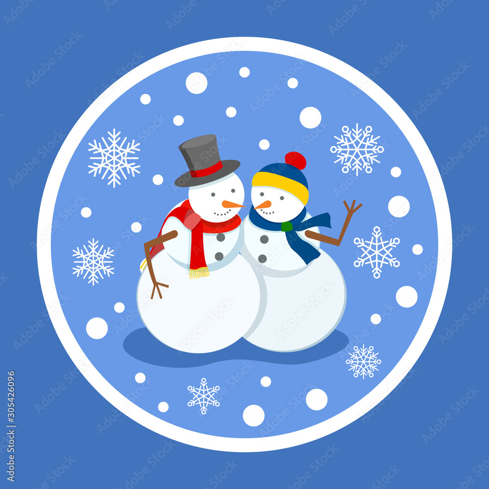 Male and female sculptures made of snow, isolated winter characters under snowfall. Snowflakes and bokeh effect. Man and woman snowman with hats and knitted scarves on snowballs sticker vector Male and female sculptures made of snow, isolated winter characters under snowfall. Snowflakes and bokeh effect. Man and woman snowman with hats and knitted scarves on snowballs sticker vector