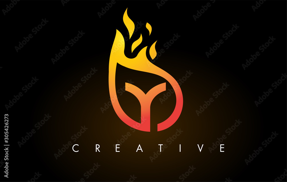 Flame Y Letter Logo Design Icon with Orange Yellow Colors and Flames - obrazy, fototapety, plakaty 