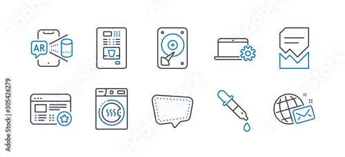 Set of Technology icons, such as Chat message, Hdd, Corrupted file, Dryer machine, Chemistry pipette, Notebook service, Augmented reality, Coffee vending, Favorite, World mail line icons. Vector