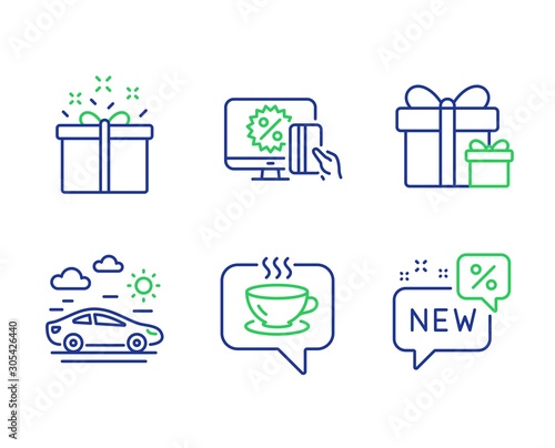 Coffee, Online shopping and Car travel line icons set. Special offer, Surprise package and New signs. Cafe, Black friday, Transport. Delivery box. Holidays set. Line coffee outline icons. Vector