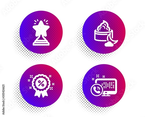 Night cream, Winner and Discount icons simple set. Halftone dots button. Web call sign. Face lotion, Best star, Sale shopping. Phone support. Business set. Classic flat night cream icon. Vector