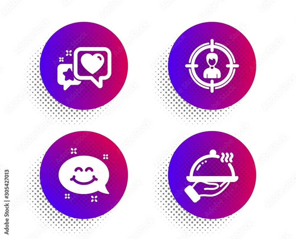 Heart, Smile chat and Headhunting icons simple set. Halftone dots button. Restaurant food sign. Star rating, Happy emoticon, Person in target. Room service. Business set. Vector