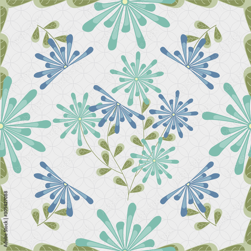 Vector Blue Green Flowers with Leaves on a Light Gray Background. Background for textiles, cards, manufacturing, wallpapers, print, gift wrap and scrapbooking.