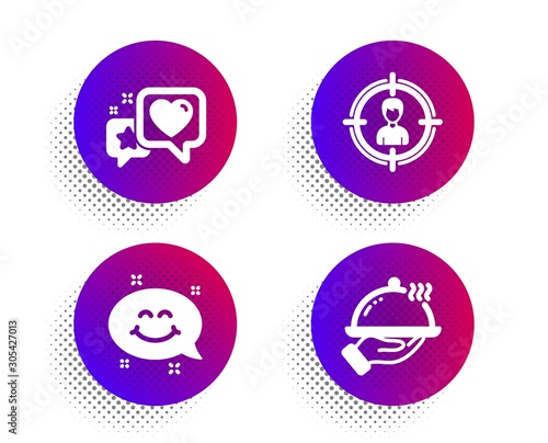 Heart, Smile chat and Headhunting icons simple set. Halftone dots button. Restaurant food sign. Star rating, Happy emoticon, Person in target. Room service. Business set. Vector