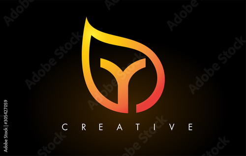 Y Leaf Logo Letter Design with Golden Leaf Outline