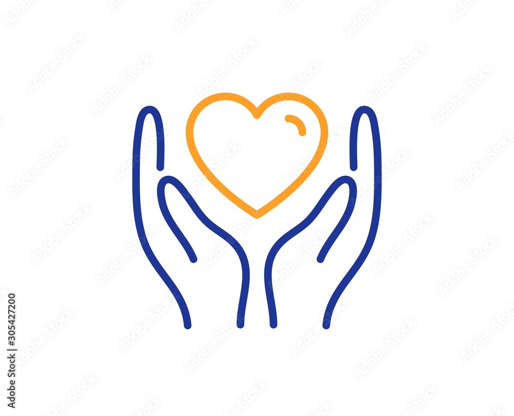 Friends love sign. Hold heart line icon. Friendship hand symbol. Colorful outline concept. Blue and orange thin line hold heart icon. Vector Friends love sign. Hold heart line icon. Friendship hand symbol. Colorful outline concept. Blue and orange thin line hold heart icon. Vector