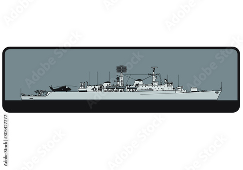 Royal Navy. County-class guided missile destroyer. Side view. Vector template for illustration.