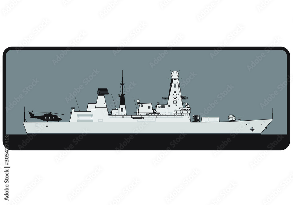 Royal Navy. Type 45 Daring class guided missile destroyer. Side view. Vector template for illustration.