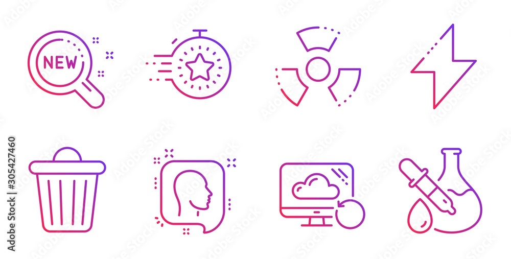 New products, Energy and Head line icons set. Timer, Chemical hazard and Trash bin signs. Recovery cloud, Chemistry experiment symbols. Search, Thunderbolt. Science set. Vector New products, Energy and Head line icons set. Timer, Chemical hazard and Trash bin signs. Recovery cloud, Chemistry experiment symbols. Search, Thunderbolt. Science set. Vector