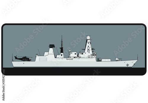 Royal Navy. Type 45 Daring class guided missile destroyer. Side view. Vector template for illustration.