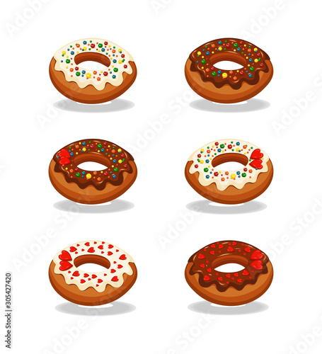  Set of multi-colored donuts. Multi-colored donuts with white and chocolate icing and multi-colored sprinkles. The background is white. Vector illustration.