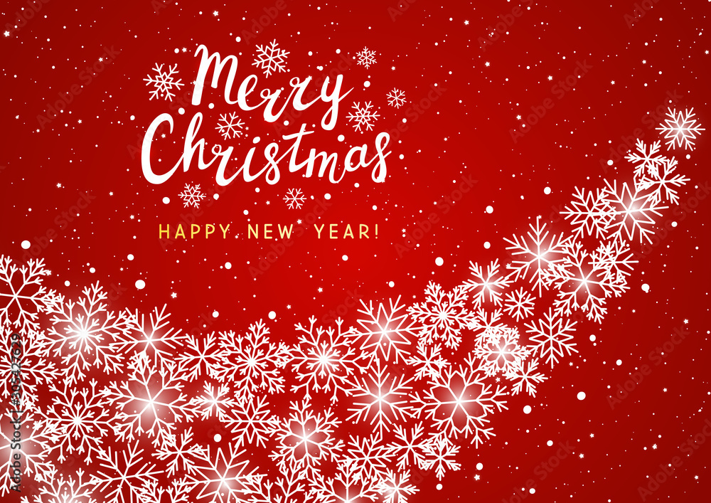 Christmas greeting card with shiny snowflakes on red - vector background for winter holiday design