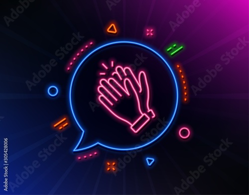 Clapping hands line icon. Neon laser lights. Clap sign. Victory gesture symbol. Glow laser speech bubble. Neon lights chat bubble. Banner badge with clapping hands icon. Vector