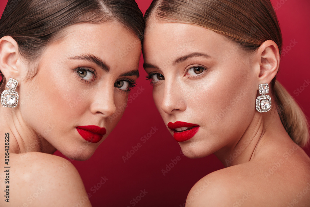 Women with bright red lipstick Women with bright red lipstick