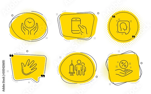 Hand, Medical vaccination and Loan percent signs. Chat bubbles. Hold smartphone, Head and Safe time line icons set. Phone call, Profile messages, Hold clock. Swipe. People set. Vector