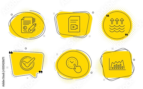 Copywriting, Evaporation and Infographic graph signs. Chat bubbles. Confirmed, Video file and Time management line icons set. Accepted message, Vlog page, Office clock. Ð¡opyright signature. Vector