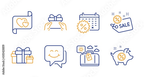Love letter, Travel luggage and Holiday presents line icons set. Sale, Calendar discounts and Give present signs. Smile face, Piggy sale symbols. Heart, Trip bag. Holidays set. Vector
