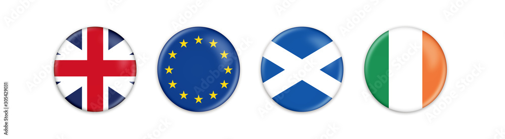 United Kingdom Election. British, European, Scottish and Irish campaign button. United Kingdom Election. British, European, Scottish and Irish campaign button.