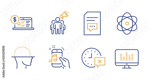 Brand ambassador, Atom and Online accounting line icons set. Face scanning, Comments and Time signs. Music phone, Music making symbols. Megaphone, Electron. Technology set. Vector