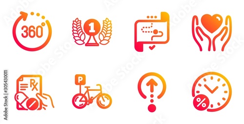 Swipe up, 360 degrees and Prescription drugs line icons set. Bicycle parking, Hold heart and Laureate award signs. Target path, Loan percent symbols. Scrolling page, Panoramic view. Vector