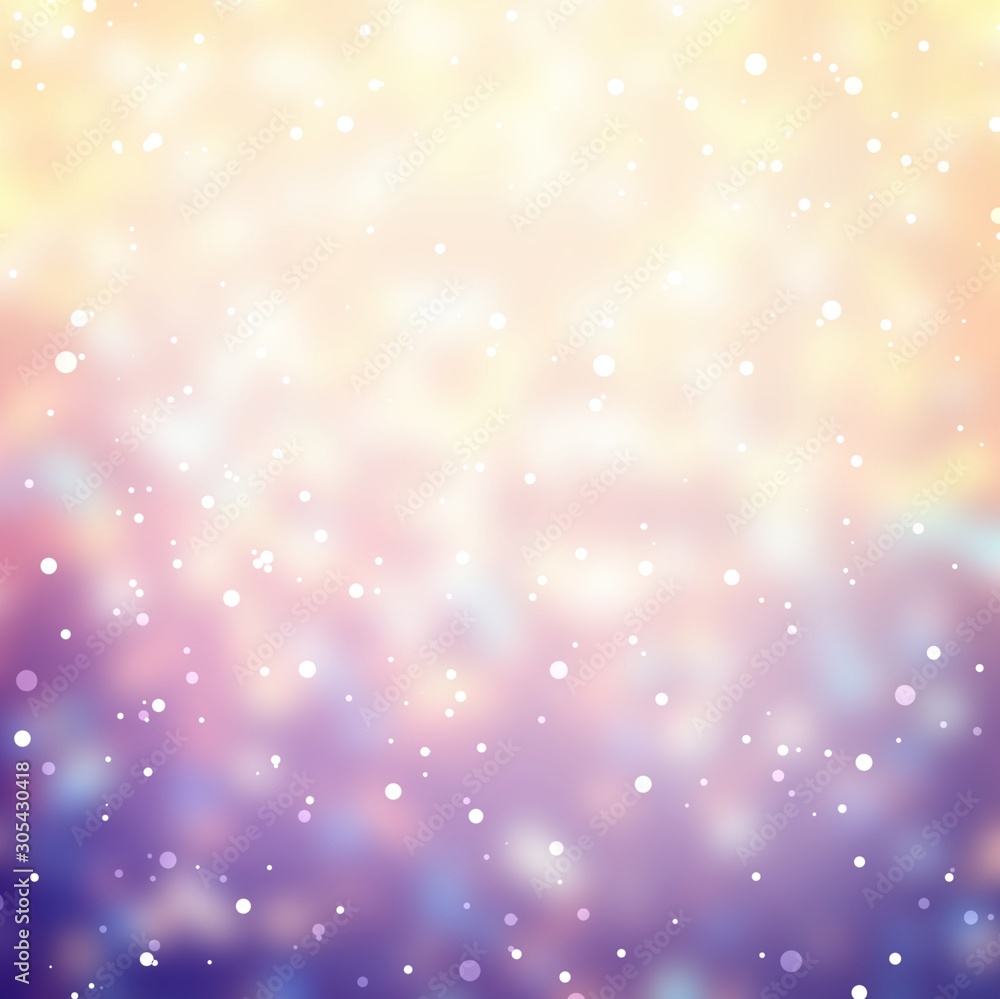 Fototapeta premium Golden lights, fallen snow and blurred bokeh pattern. Magical winter empty background. Christmas holiday flicker texture. Yellow lilac purple abstract illustration.