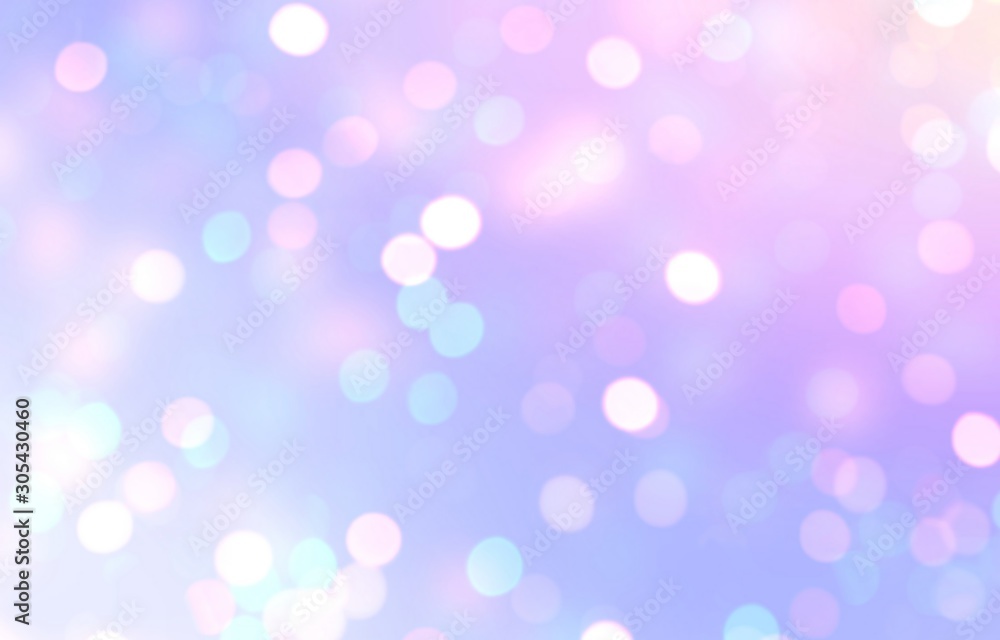 Iridescent shimmer bokeh blurred pattern. Empty background blue pink. Defocus romantic holiday template. Abstract delicate texture.