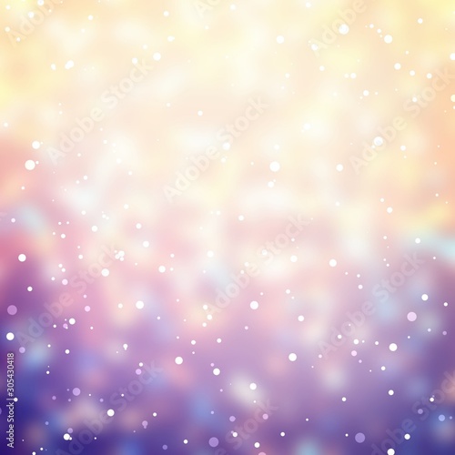 Golden lights, fallen snow and blurred bokeh pattern. Magical winter empty background. Christmas holiday flicker texture. Yellow lilac purple abstract illustration.