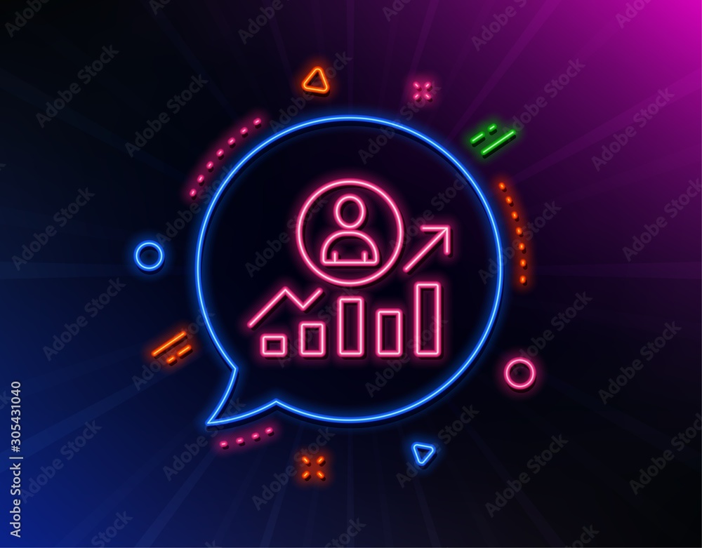 Obraz premium Business results line icon. Neon laser lights. Career Growth chart sign. Glow laser speech bubble. Neon lights chat bubble. Banner badge with career ladder icon. Vector