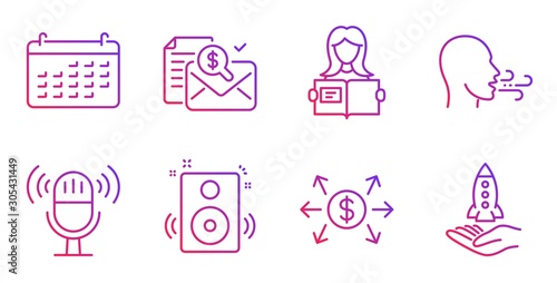 Microphone, Calendar and Speakers line icons set. Dollar exchange, Woman read and Breathing exercise signs. Accounting report, Crowdfunding symbols. Mic, Business audit. Education set. Vector