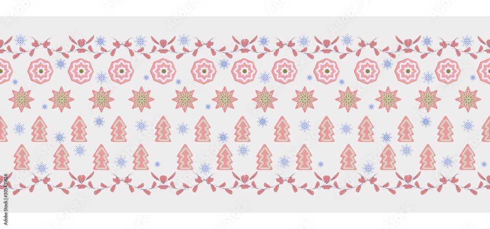 Christmas border with cookies- Christmas trees, snowflakes, floral decorations on pastel blue background. Holiday design for greeting card for Christmas and New Year. Vector illustration banner.